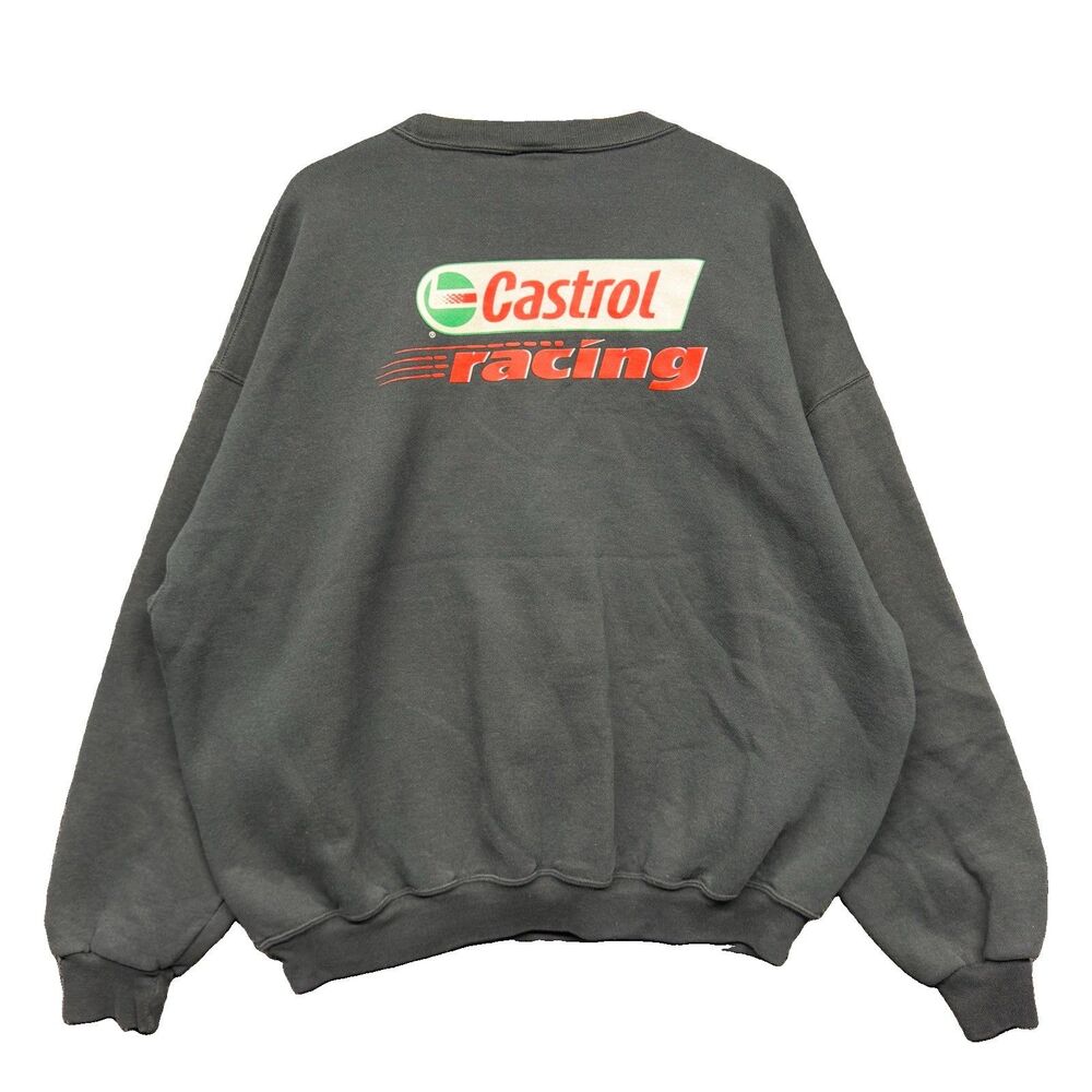 VTG 90s Russell Athletic Castrol Racing Sweatshirt Crewneck Faded Black 2XL Boxy